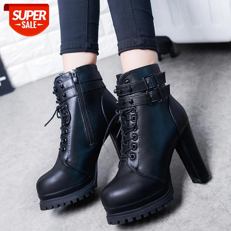 

Lucyever Super High Heels Ankle Boots for Women Fashion Rivet Buckle PU Leather Shoes Woman Autumn Winter Lace Up Platform Botas #ZJ5U, Black