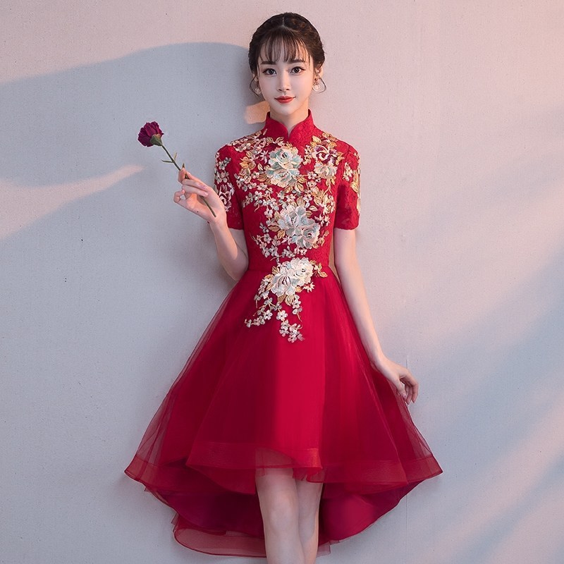 

Burgundy Elegant Women at Cheongsam's Lovely Evening Party Chinese Style Middle Circle Qipao Retro Drinks Long Vestido Dress R0p5, Red