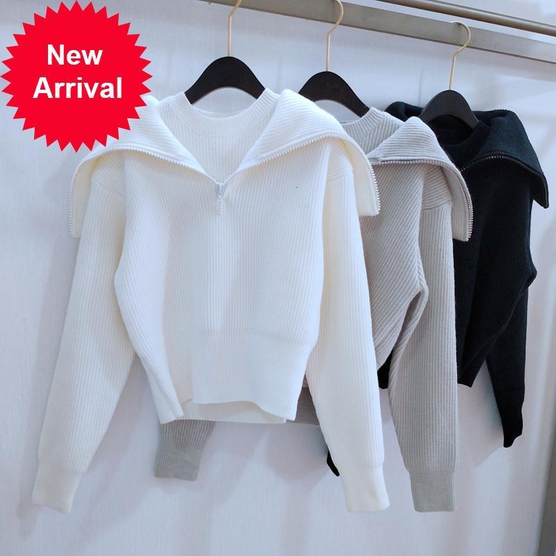 

Autumn 2021 New Fashion Big Lapel Fake Naval Style Nightgown of Two Pieces New Design Women's Long Knitted Sleeve Tops S3YY, White