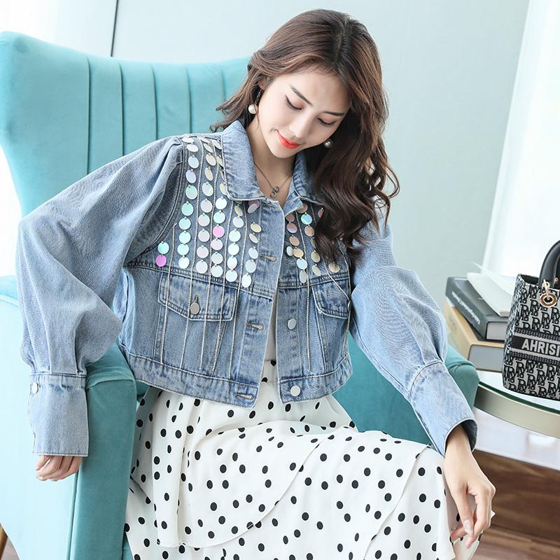 

2021 new denim jacket hand nail bead sequin chain fashion jacket, Color