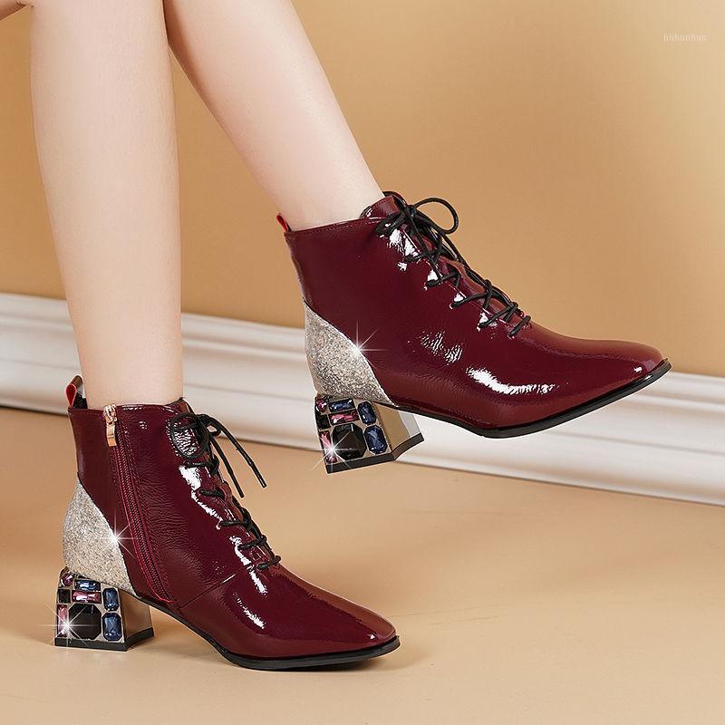 

Spring/Fall Shoes Woman 2021 Ankle Boots Rhinestone Block Heel Soft Leather Boots Female Booties Sequins Zip Large Size BLACK1, Wine-red for winter
