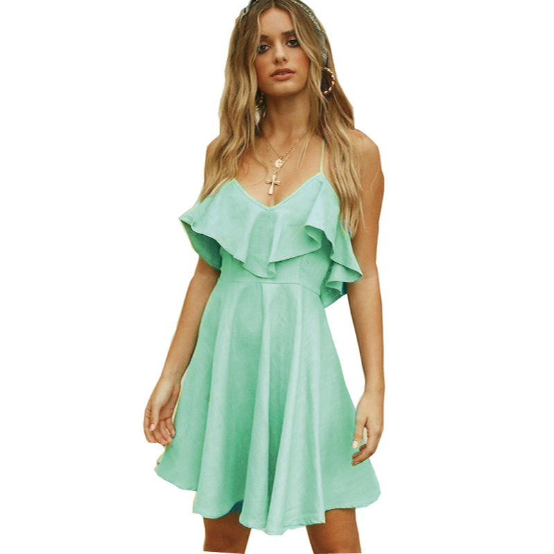 

New 2021 Summer Women Mini Green Sleeveless Ruffle Backless Elegant Es v Neck Party Outfits Sexy Club Clothes Vestido Avts, White