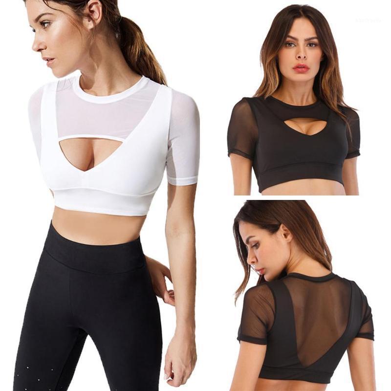 

Women Round Neck Short Sleeve Mesh Pullover Push Up Patchwork Solid With Padded Fitness Bra Summer1, Type5