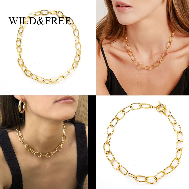 

Wild&Free Thick Flat Rounded Gold color Link Chain Necklace For Women Vintage Copper Mega Collar Choker Necklaces