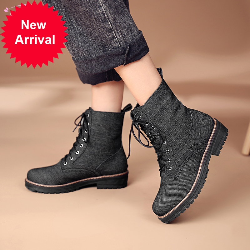 

2021 The New Casual-style Pinkie Toe Fashion Ankles Denim Lasso-up Black Platform Blue Green Jump Down Motorcycle Boots Women's Shoes 3b8z