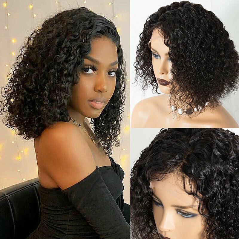 

Brazilian 200% Density Short Bob Water Wave Lace Front Human Hair Wigs With Baby Hair Sdamey Remy Glueless 4x4 Water Closure Wig, Natural color