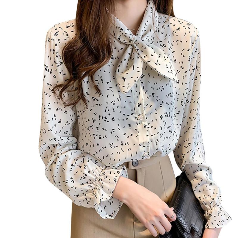 

MISSKY Women Shirt Spring Autumn Bowknot Shirt Printing Chiffon Long Sleeve Loose Blouse Female Tops New, Black