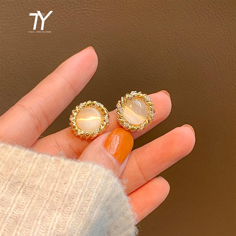 

Stud Exquisite Luxury Round Opal Gold Earrings For Woman Fashion Korean Jewelry Wedding Party Girl's Sexy Gift Accessories, Golden;silver