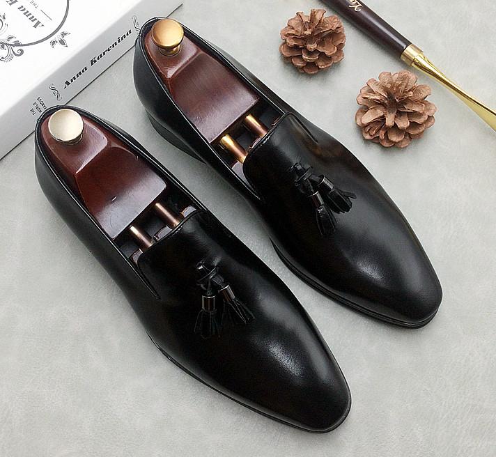 

New Style Men Fashion Pointed Gradient Color High Quality Handmade Spring Autumn Dress Shoes Men Tassel Slip On Loafers, As pic