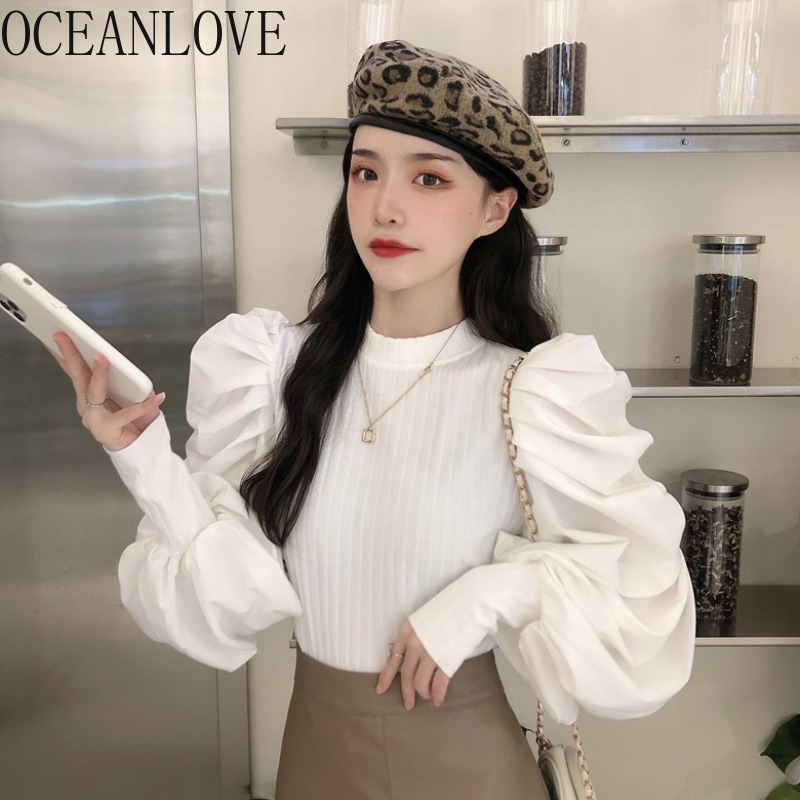 

OCEANLOVE Autumn Pullovers Solid Puff Sleeve Slim Women Sweaters Korean Patchwork Fashion Winter Mujer Sueteres Clothes 18616 201130, Black