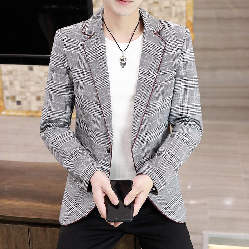 

Leisure suit man spring autumn new small suit autumn outfit Korean version tide handsome slim single western checkered coat, Gray