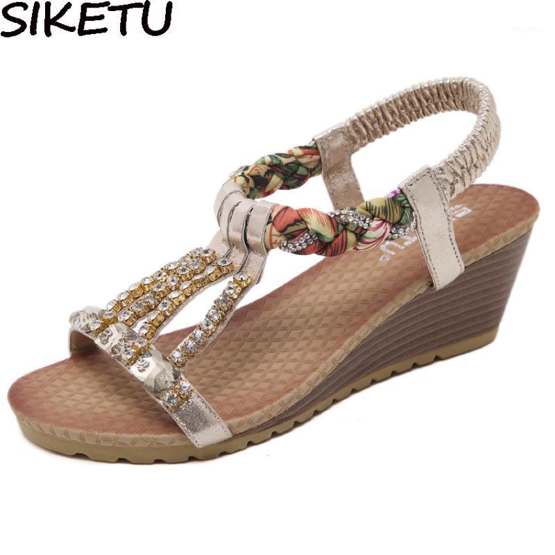 

SIKETU Women Summer Bohemian Boho Sandals Crystal Rhinestone Strech Elastic Band Med Heels Wedge Shoes Ethnic Beach Sandals1, Gold