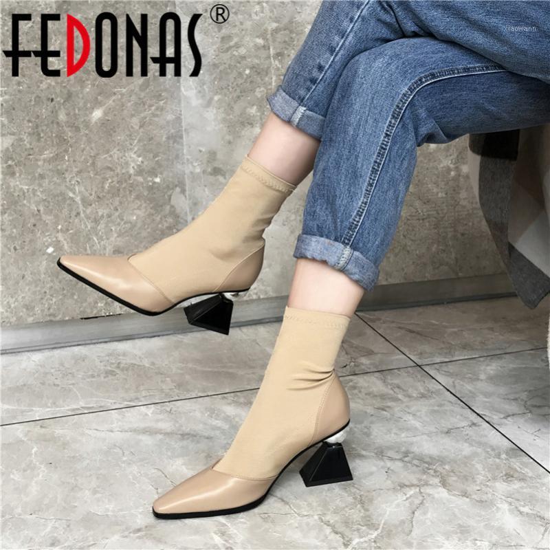 

FEDONAS 2019 Spring Autumn Fashion Punk Pointed Toe Strange Style Women Ankle Boots Genuine Leather Stretch Fabric Boots1, Khaki