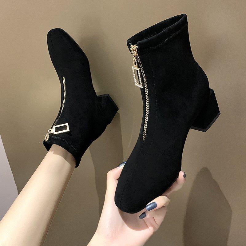 

Autumn Winter 2020 New Highs Heel Women's Boots Solid Color Suede Ankle Boots Front Zipper Fashion Women's Shoes Size 35-41, Black