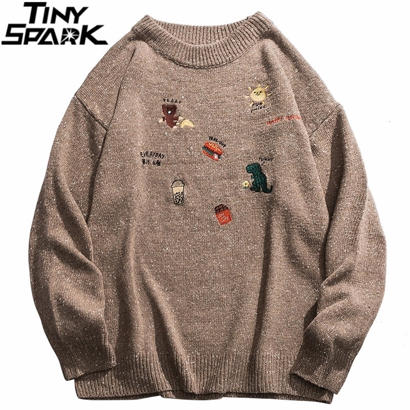 

Men Hip Hop Streetwear Knitted Sweater Retro Vintage Embroidery Food Cartoon Animals Sweater Cotton Harajuku Loose Pullover 201201, A5089138 gray