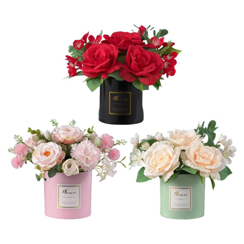 

Artificial Flower Arrangement In Vase False Fake Flower Home Desktop Decor, Red