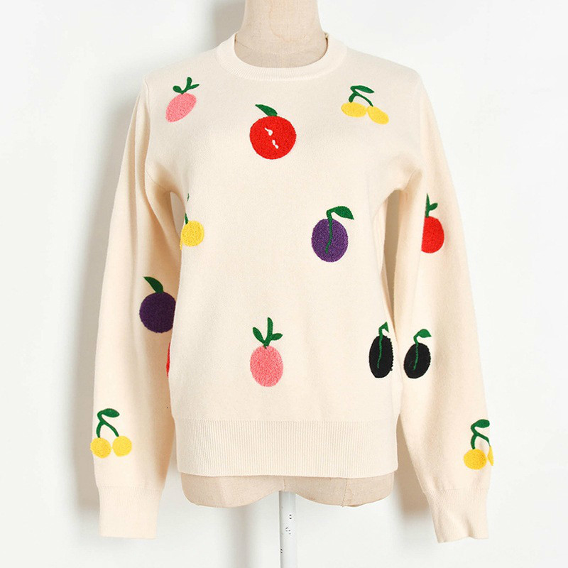 

New Autumn Sweet Sweaters for Women Embroidered Casual Fruit Outerwear College Girl Pullovers High Quality Clothes M2tl, Black