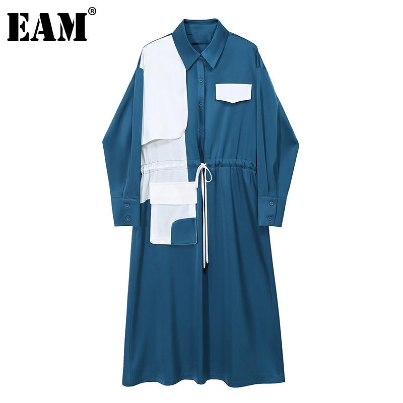 

EAM] Women Blue Contrast Color Drawstring Shirt Dress New Lapel Long Sleeve Loose Fit Fashion Tide Spring Autumn 2020 1Z652, Black