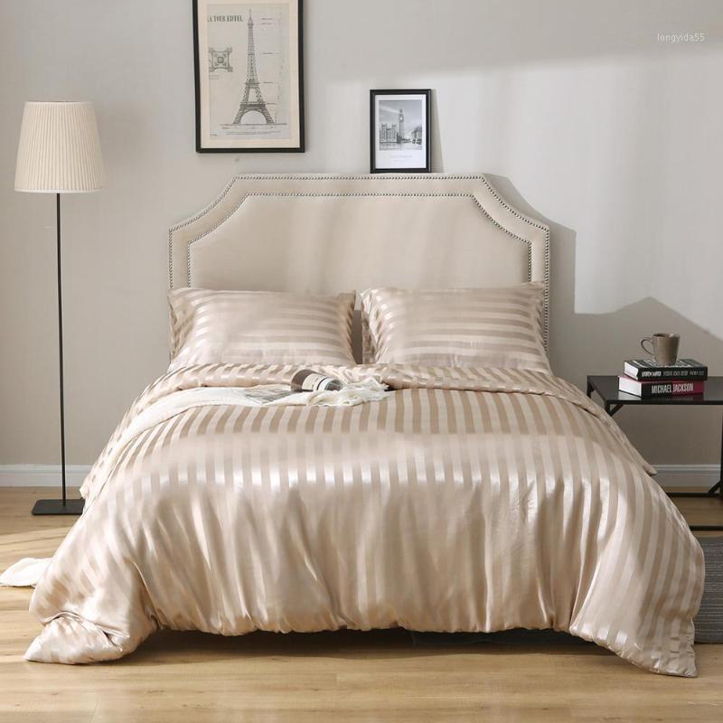 

New satin bed linen bedding set luxury silk King duvet cover set satin strip bed Bedclothes Quilt Duvet Cover + Pillow case1, Black