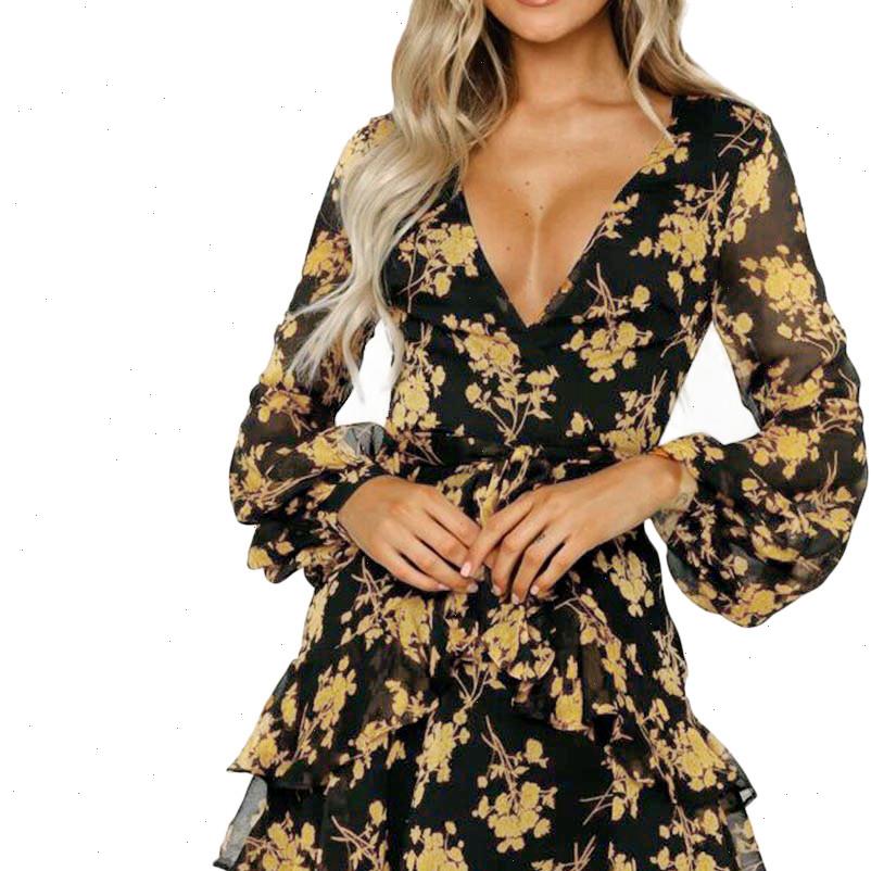 

print v neck chiffon dress for women 2021 spring winter long sleeve mini party dress clothing female 25, Gray