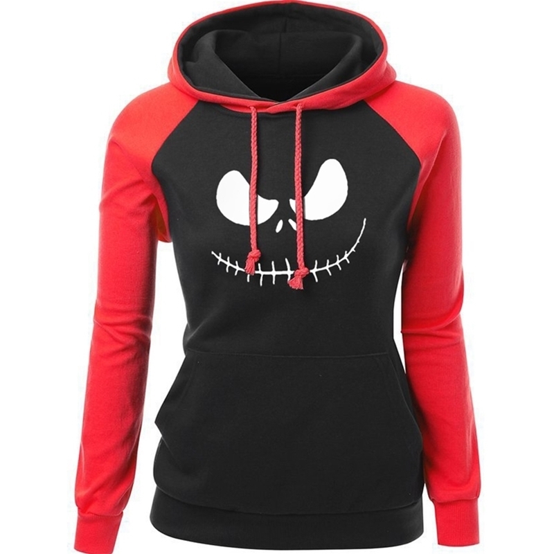 

Women' Sweatshirt Autumn Winter Fleece Hoodie For Female Jack Skellington Pumpkin King Print Streetwear Slim Hip Hop Hoody Y200915, Red black