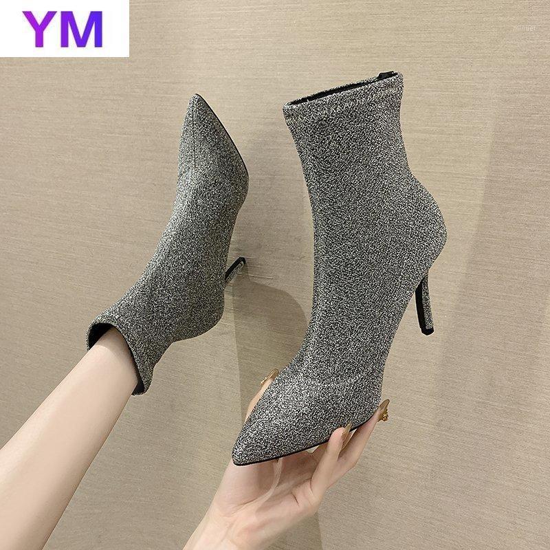 

2021 New Autumn Winter Luxury Women New Bling Stretch Fabric Sock Boots Thin High Heels Boots Fashion Ankle Big Size35-391, Black