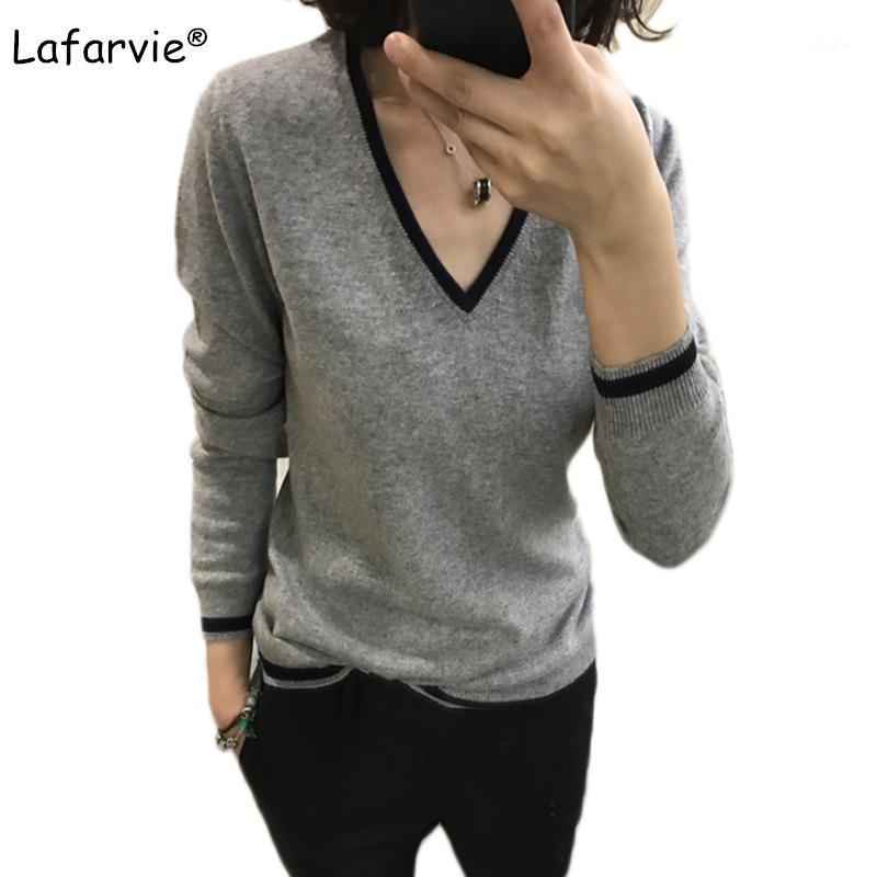 

Lafarvie New V-Neck Cashmere Sweater Women All-Match Knitted Pullovers And Sweaters Autumn Winter Full Sleeve Striped Pull Femme1, White
