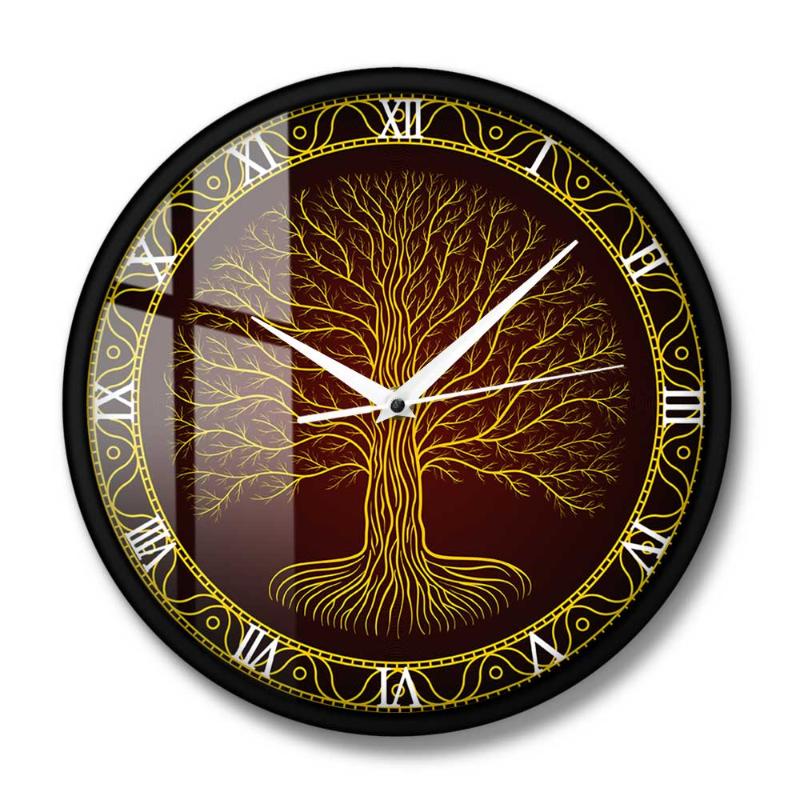 

Tree Of Life Viking Mystic Amulet Wall Art Home Decor Silent Wall Watch Nordic Sacred Symbol Druidic Yggdrasil Tree Clock