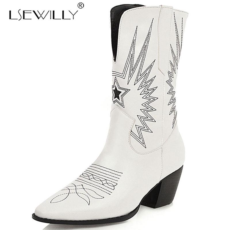 

Lsewilly New winter women's fashion mid calf boots sexy thick high heel pointed toe Embroidery boots women's shoes sizes 34-48, Black