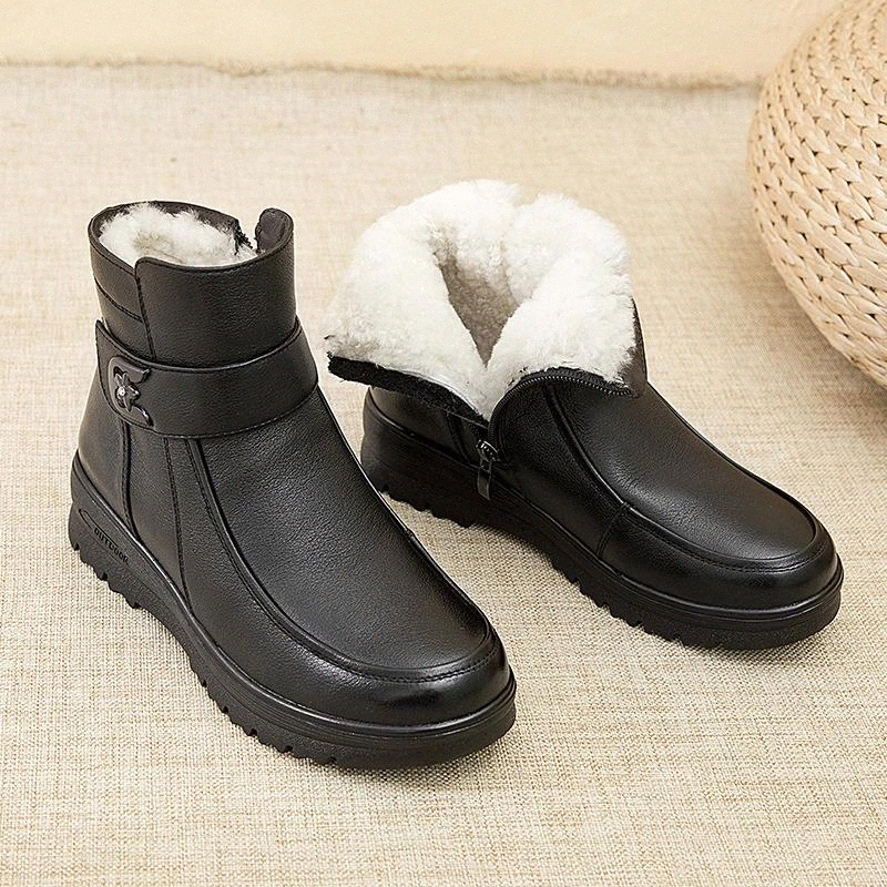 

30 Degree Genuine Leather Winter Shoes Women Boots Thick Sole Women Ankle Boots Warm Plush Cold Winter Woman Cotton Shoes A2994 #CG6s, Black