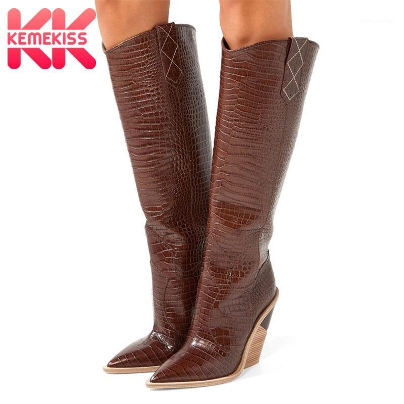 

KemeKiss Brand Women Knee High Boots Hot High Quality Pattern Wedges Shoes Women Pointed Toe Slip On Mujer Footwear Size 34-441, Black