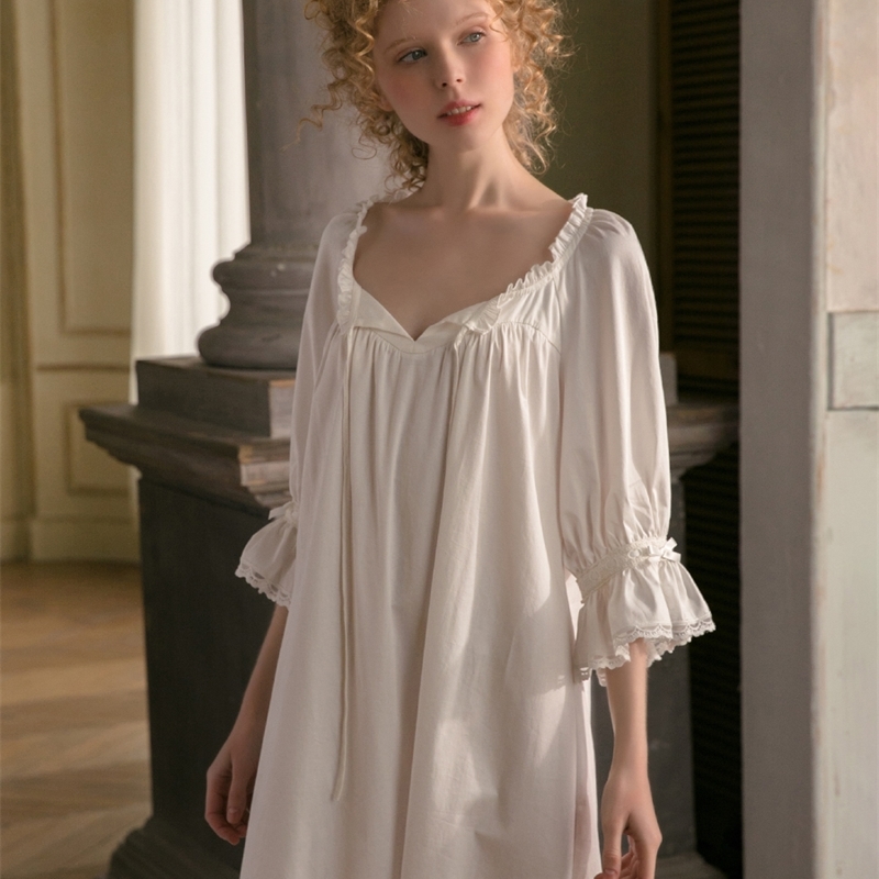 

Cotton Nightgown Women Sweet Lovely Sleepwear White Nightgown Spring Autumn Leisure Fashion Cotton Sleepwear Original Y200425, Black;red