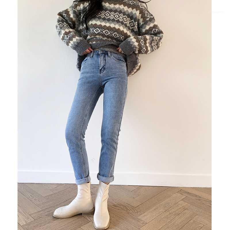 

Spring Autumn Women' Jeans Fashion Solid Color Tight-fitting High-waist Casual Female Slimming Pencil Ankle Length Pants, Blue