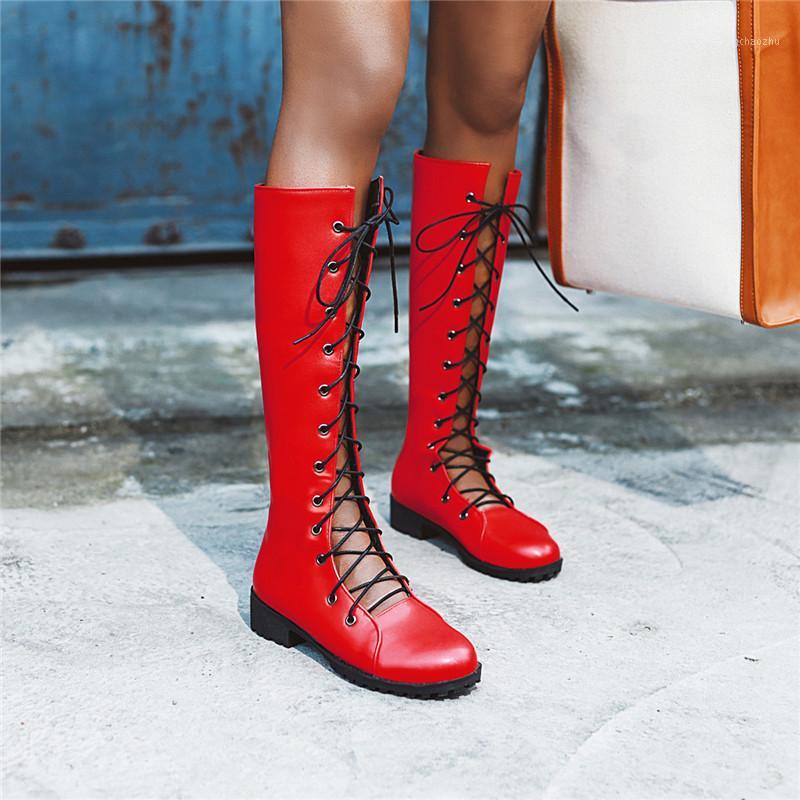 

YMECHIC Autumn 2020 Cross Strap Lace Up Gladiator Knight Mid Calf Long Biker Motorcycle Boots Black Red Chunky Heel Female Shoes1