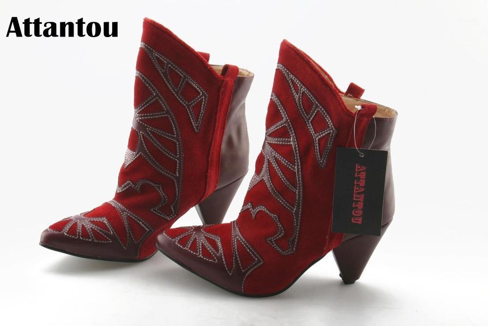 

Attantou 2020 Women Boots Flock Ankle Boots Pointy Toe Winter Women Ladies Party Western Stretch Fabric1, As showed color