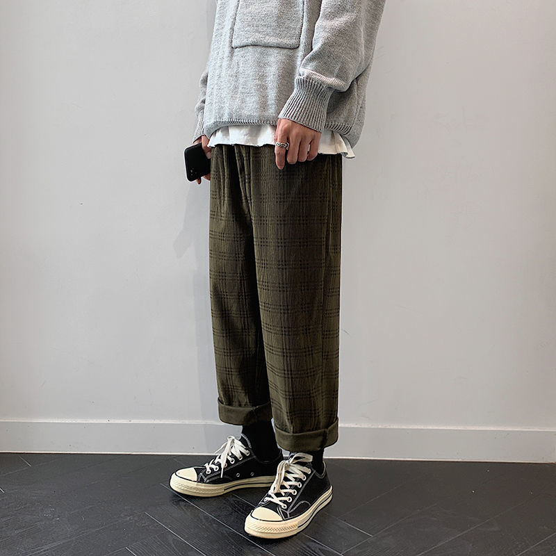 

Men's Trousers 2021 Autumn Thin New Winter Plaided Pants Young Clothes ZLZU, Green.