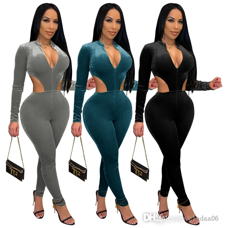 

Designer Women Velvet One Piece Jumpsuits Sexy Velour Zipper Hollow Out Rompers Long Sleeve And Leggings Bodysuit, Black