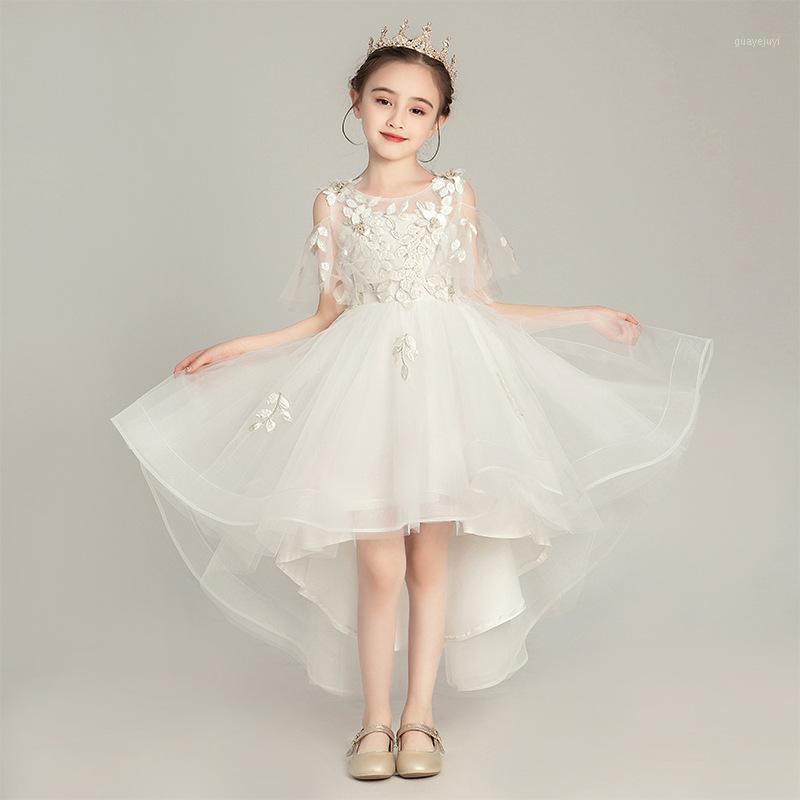 

Short Front Long Back Flower Girl Dresses Leaf Lace Appliques Ruffled Sleeves High Low Kids Formal Gown1, As pic