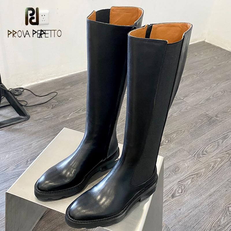 

2020 Winter New Simple Style Knight Genuine Leather Boots Women Knee-length Square Heel Side Zipper Round Toe Skinny High Boots1, Black