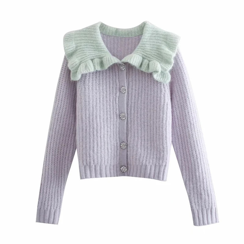 

New 2021 Purple Cropped Knitted Women Sweater Winter Cute Long Sleeve Button Down Cardigan Woman Contrast Collar Gn2t