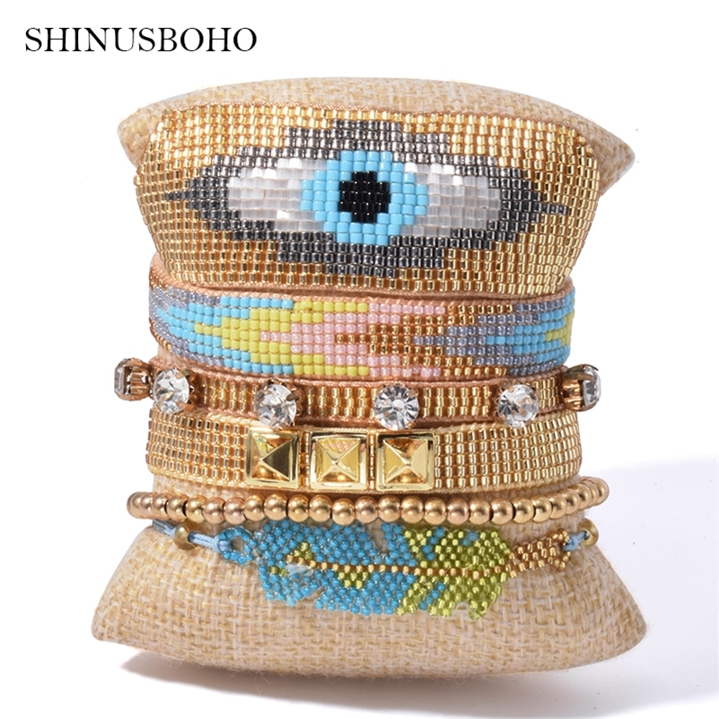 

Bohemian Friendship Weave Wrap Charm Bracelet Women Pulseras Mujer Rivet Bileklik Beaded Evil Eye Bracelets Crystal Y200918