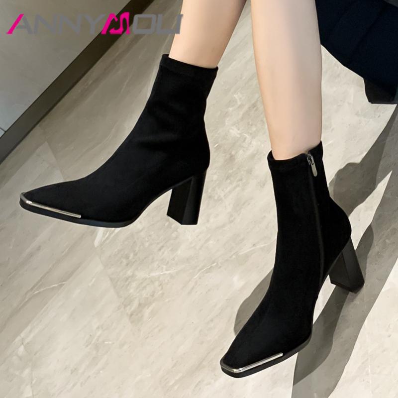 

ANNYMOLI Real Leather High Heel Ankle Boots Women Shoes Square Toe Chunky Heels Zipper Short Lady Boots Black Autumn Winter 43, Black leather synt