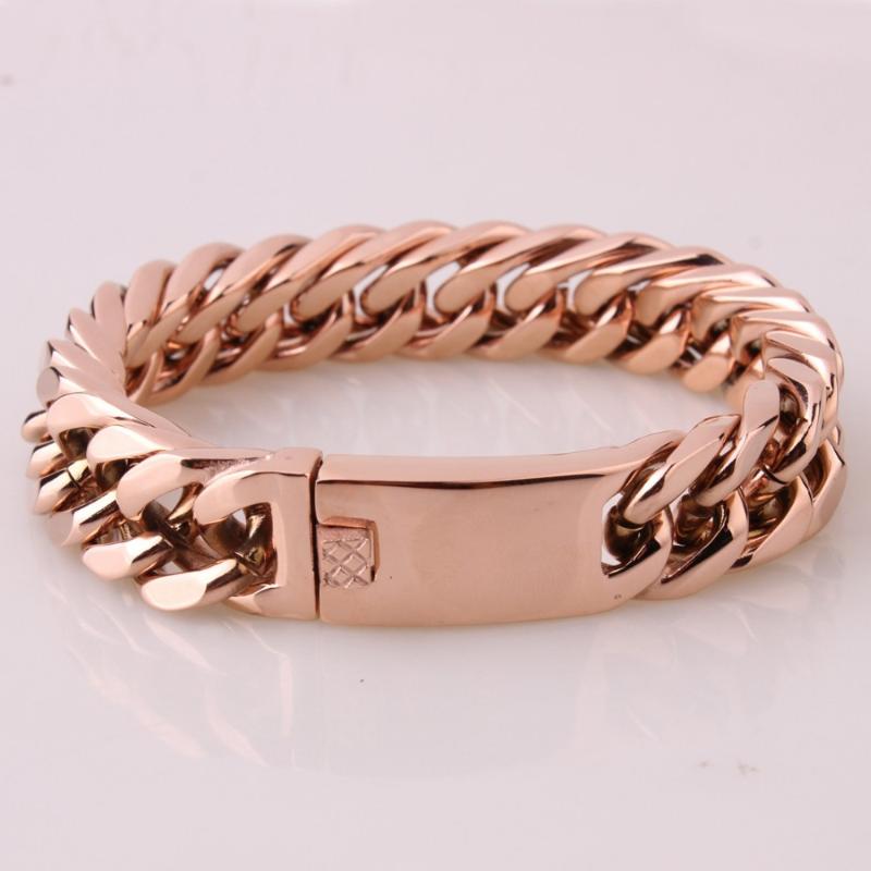 

15mm Charming Jewelry 316L Stainless Steel Rose Gold Cuban Curb Chain Men Women Bracelet Bangle Christmas Gift Hand Made 7"-11"