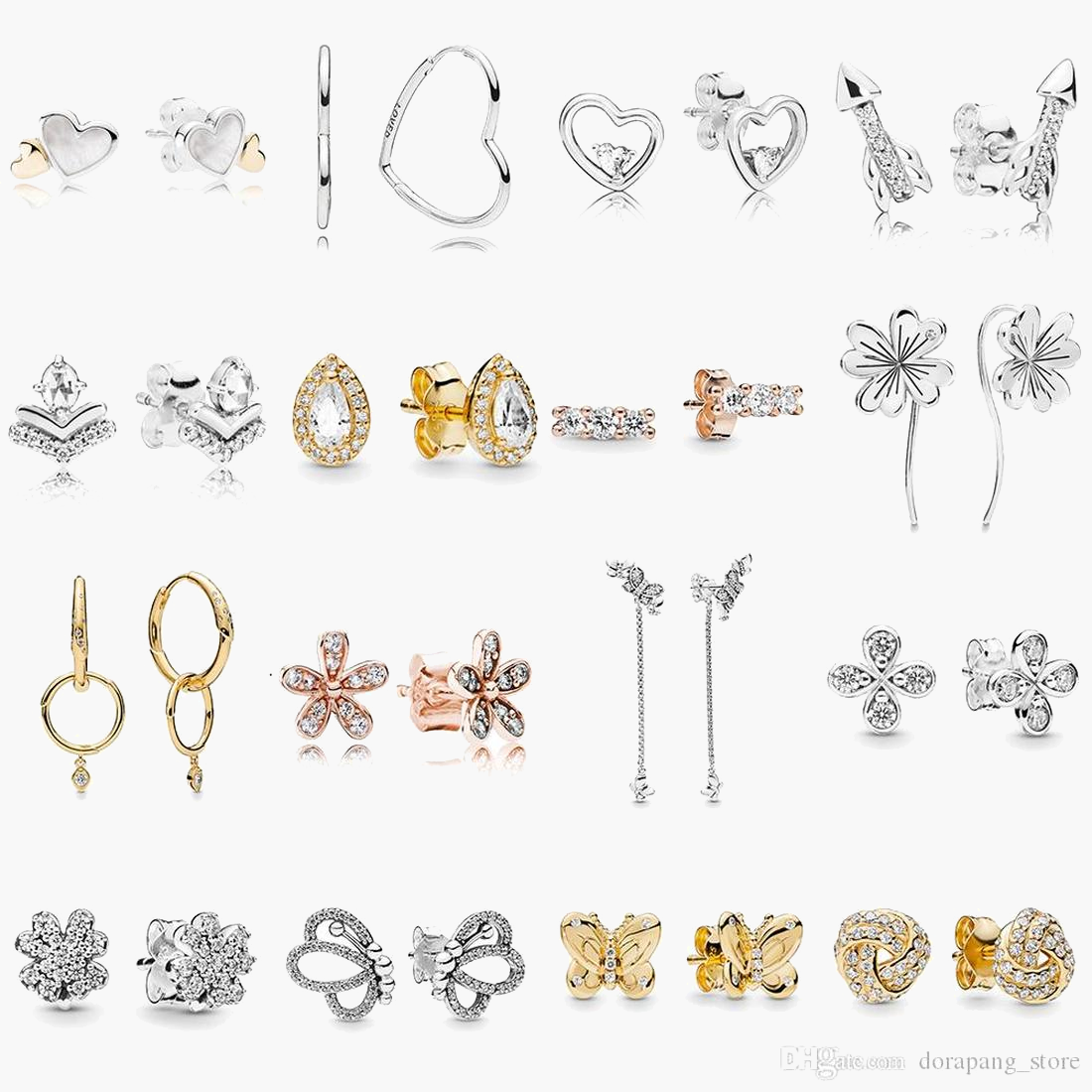 

925 Sterling Silver stud Brand New Sparkling Double Hoop Earrings High Jewelry Earrings Ear Studs charm Beads Dust Bag Gifts fit Pandora Charm, Golden;silver