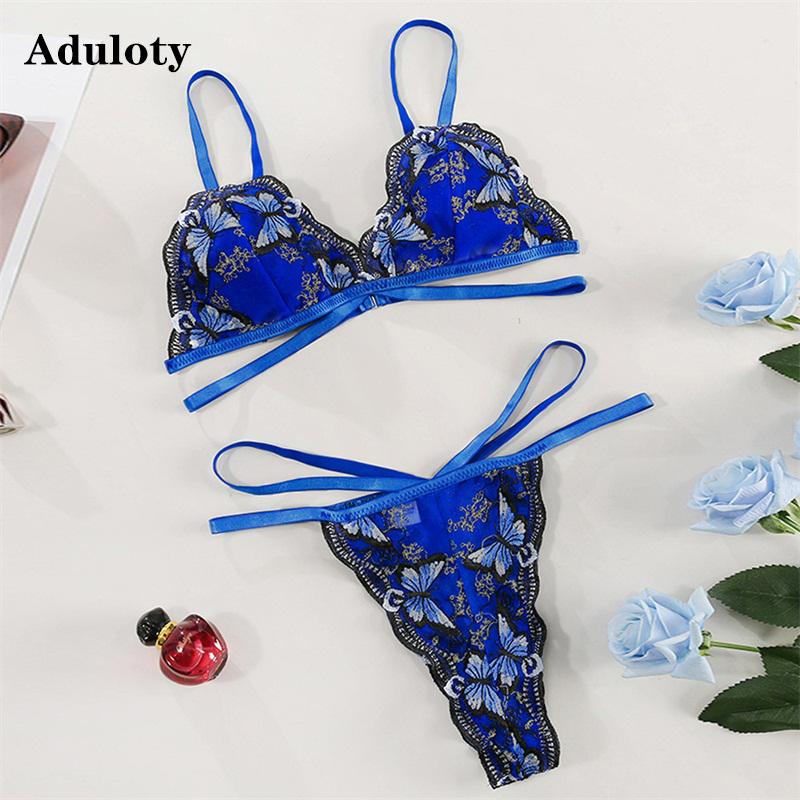 

Aduloty Hot sale new women's butterfly embroidery wire free bra and panties set sexy lace underwear thong eroticl lingerie, Blue