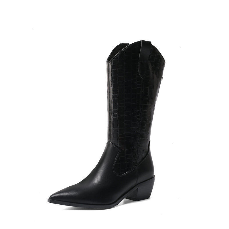 

2021 New Pointed Toe Autumn Winter All Match Knee High Boots Superfine Fiber Fashion Square Heel Women Shoes Big Size 34-43 8tg0, Brown