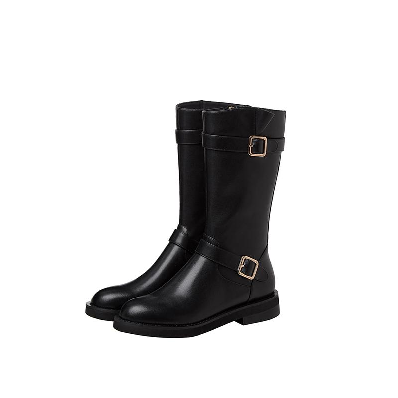 

Prova Perfetto British Style Buckle Strap Knight Boots Flat Genuine Leather Zipper Woman Shoes Mid-calf Elegant Warm Long Boots, Black