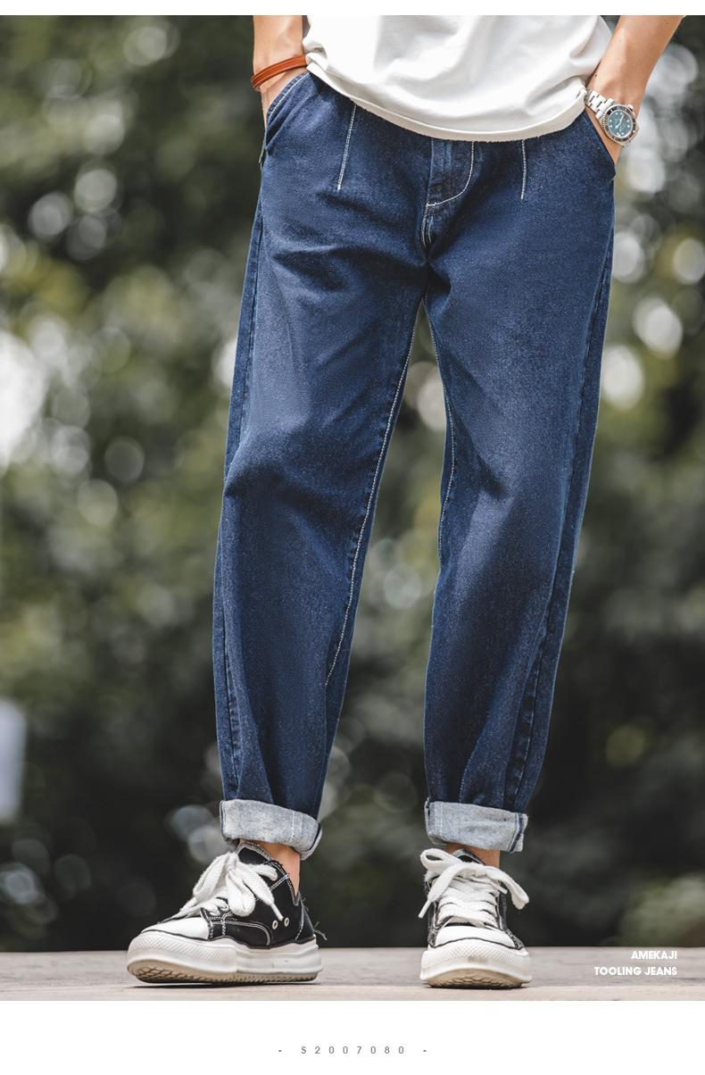 

mens jeans Japanese retro mid-rise loose straight-leg jeans Dark blue looking thin washed trousers Work men clothing, Denim blue