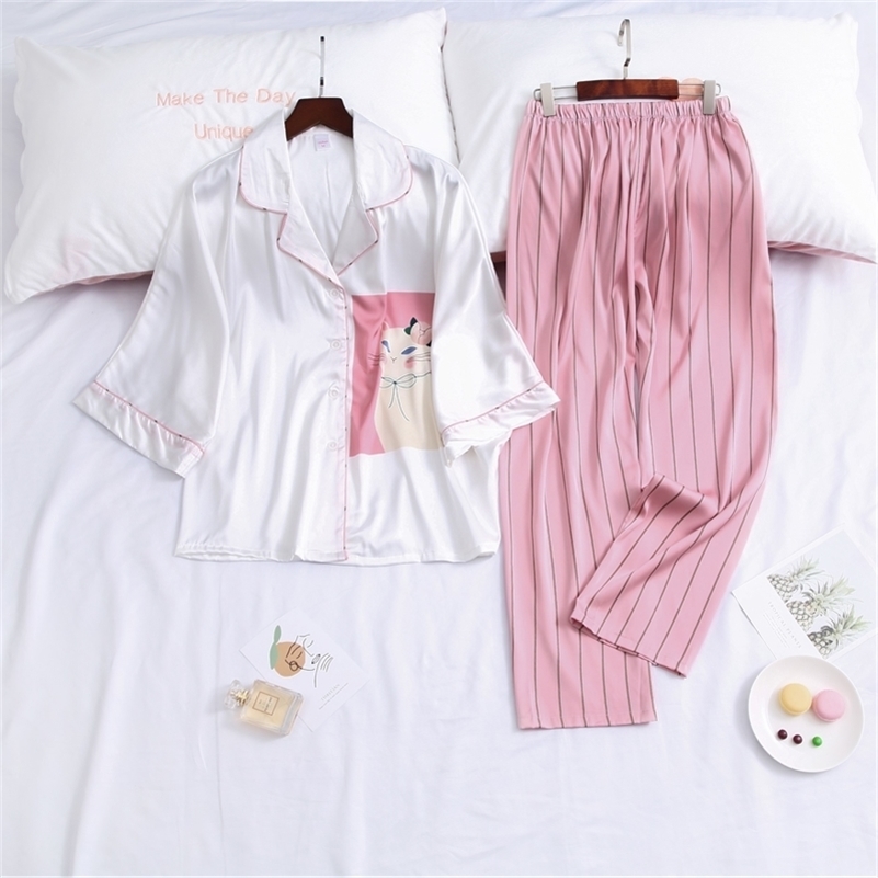 

Cartoon Print Women Pajama Set Loose Bat sleeve Long Sleeve Suit Pyjamas 201113, Photo color