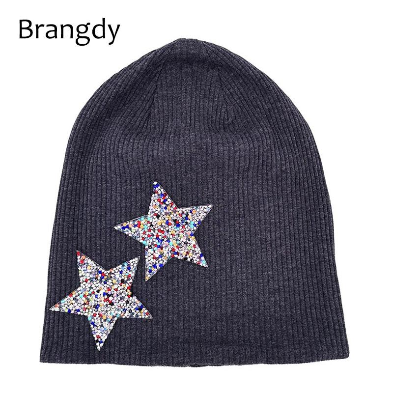 

Autumn Winter Women Rhinestones Star Slouch Beanies Hats Soft Cotton Ribbed Skullies Bonnet for Ladies Kint Gorro Hats and Caps, Cream